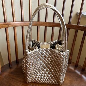 Anthropology, the woven mini Hollace Tote in gold